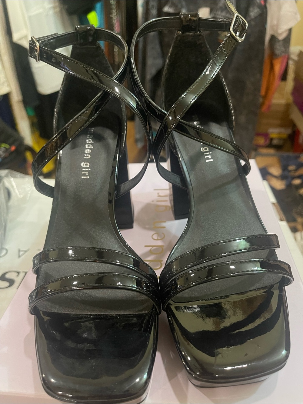 NEW! Black Patent Strappy Block High Heels
